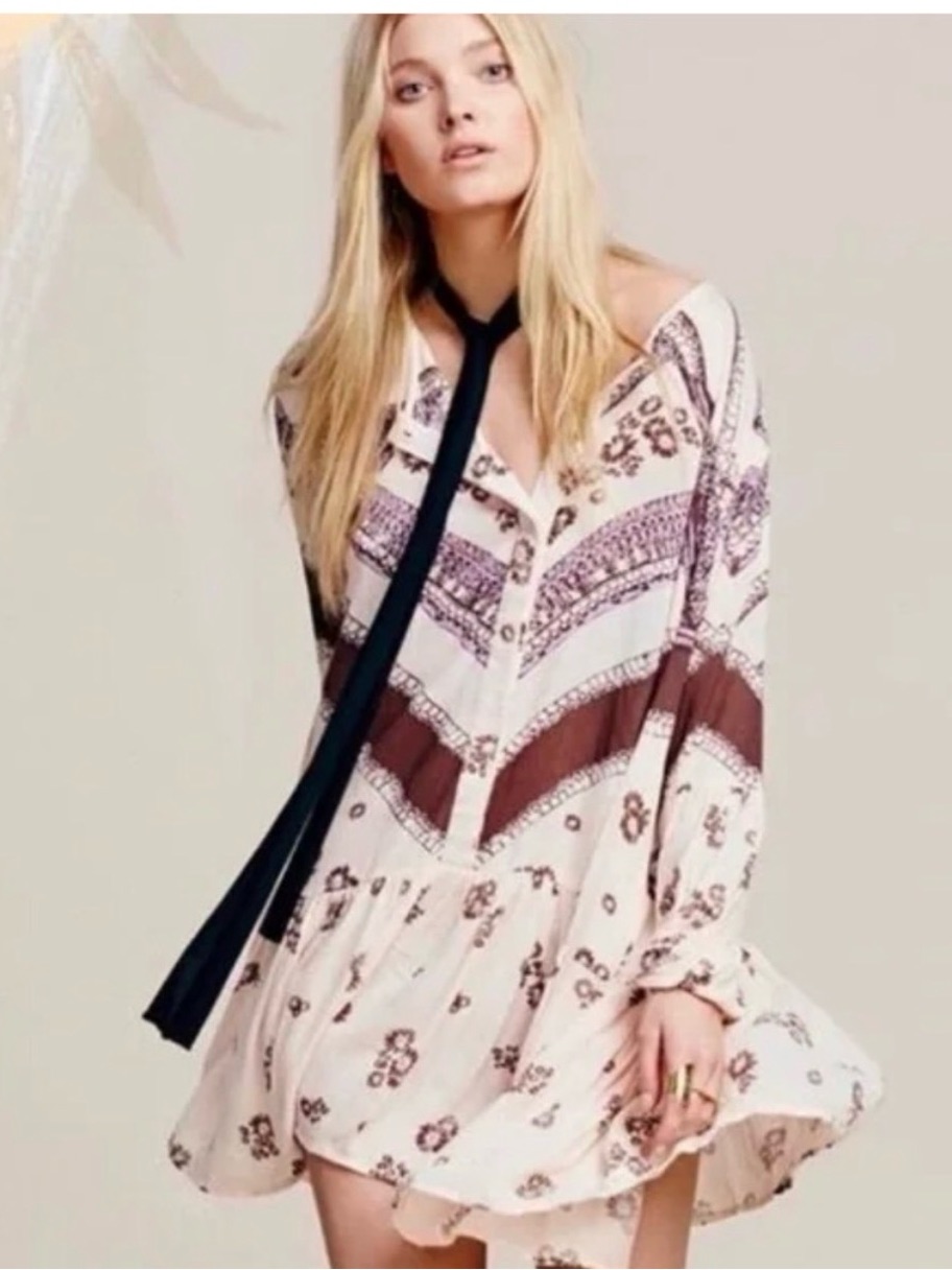Free People Cream Mini Dress With Brown And Black Accents